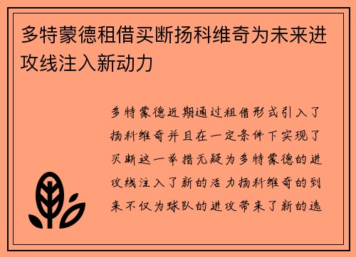 多特蒙德租借买断扬科维奇为未来进攻线注入新动力