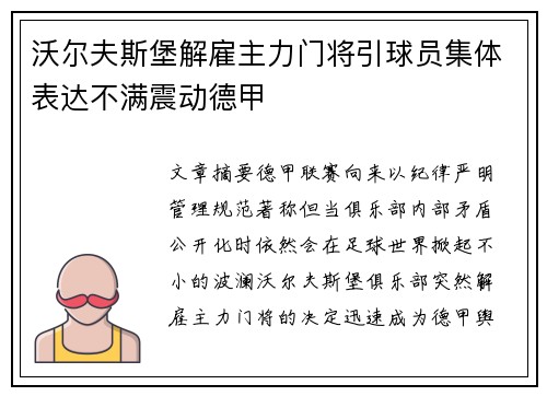 沃尔夫斯堡解雇主力门将引球员集体表达不满震动德甲 沃尔夫斯堡解雇主力门将引球员集体表达不满震动德甲