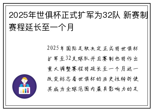 2025年世俱杯正式扩军为32队 新赛制赛程延长至一个月 2025年世俱杯正式扩军为32队 新赛制赛程延长至一个月